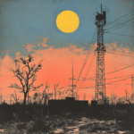 An ullustration in black, and light reds and blues of a small radio station with transmission towner in a bleak landscape, with a moon in the sky in the background
