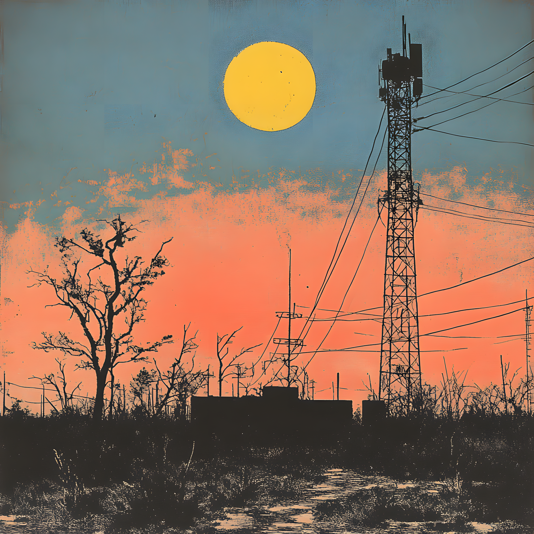 An ullustration in black, and light reds and blues of a small radio station with transmission towner in a bleak landscape, with a moon in the sky in the background