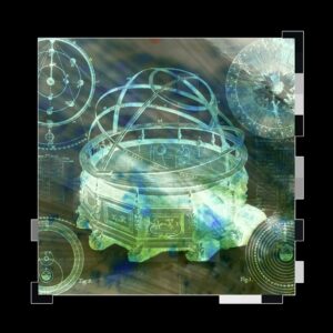 An inverse color image featuring an illustration of an Orrery over a colorful abstract background