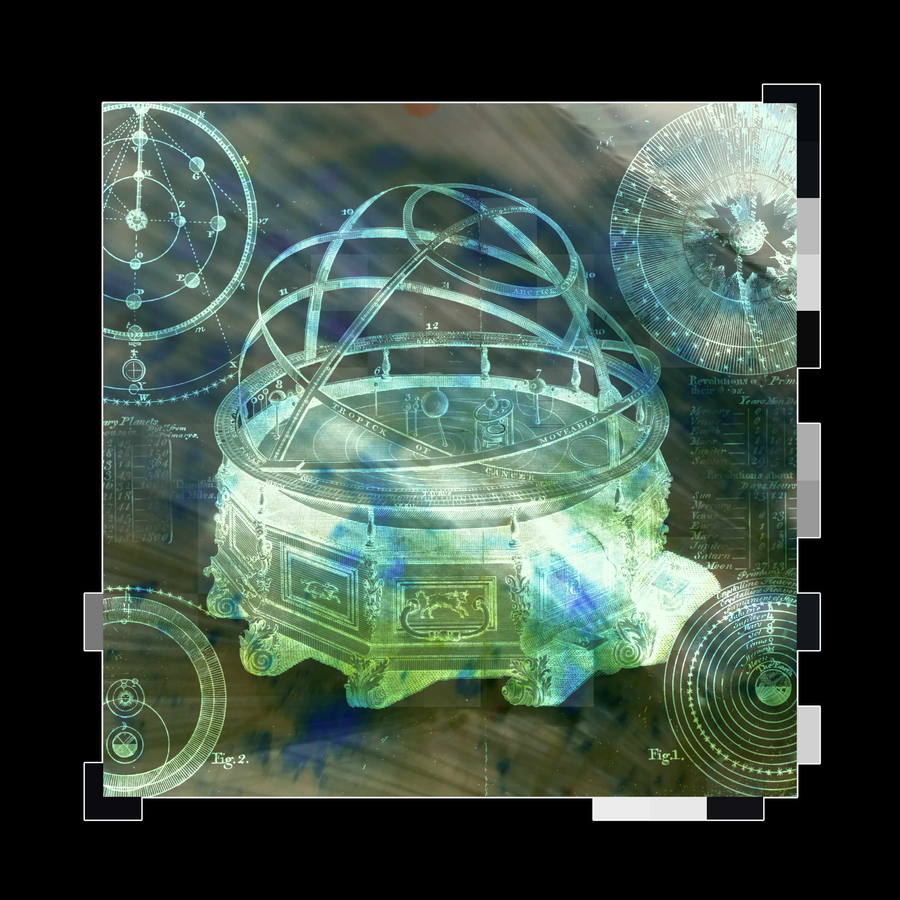 An inverse color image featuring an illustration of an Orrery over a colorful abstract background